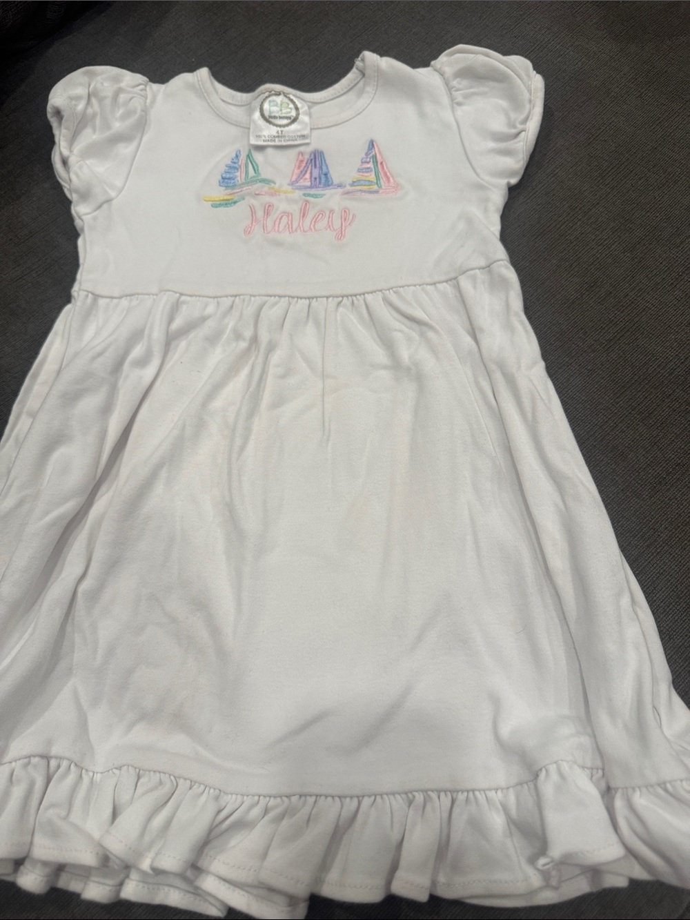 White Dress with Pastel Sailboat -  Haley Embroidery